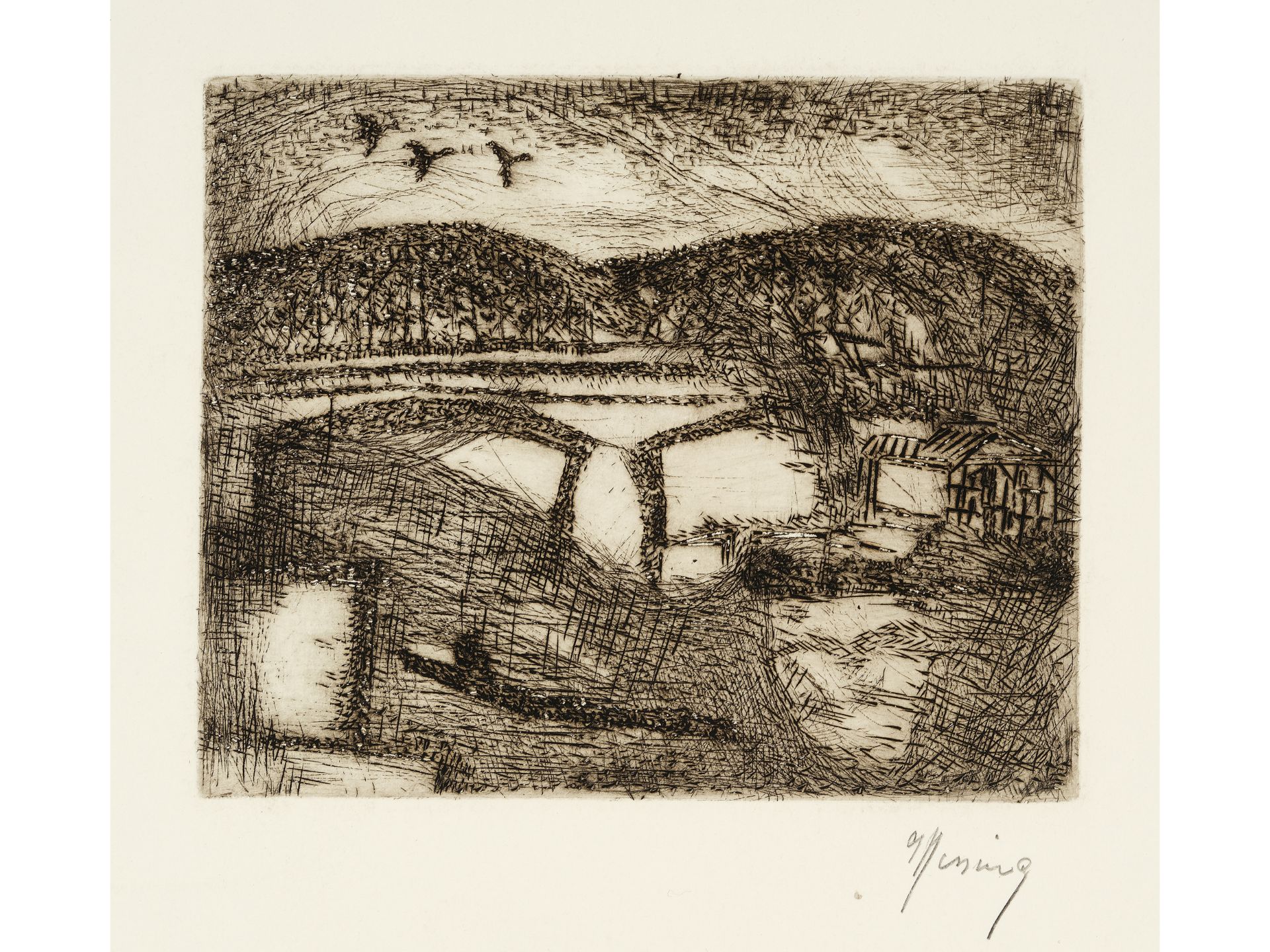 Gustav Hessing, Wien 1909 – Wien 1981, Landschaft mit Vögeln