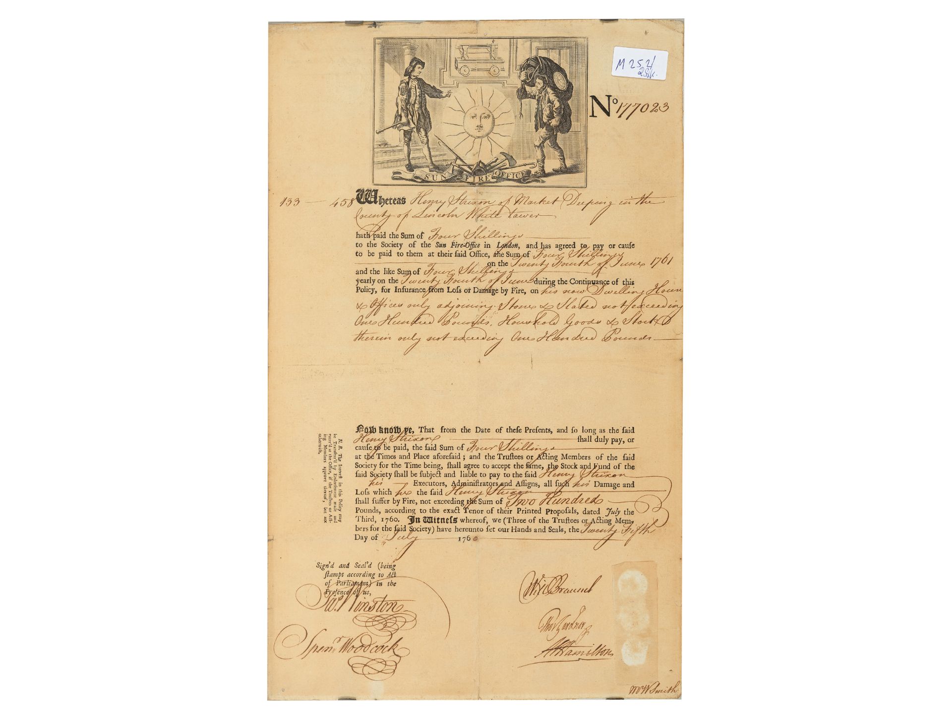 Sun Fire Office, Gedrucktes & handbeschriebenes Dokument, Datiert 1760