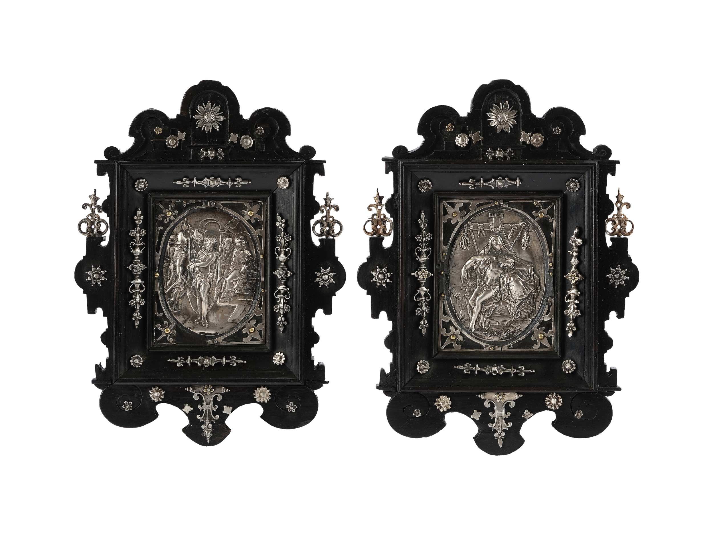 Silver reliefs in ebonised frame, Jesus before Pontius Pilate & Lamentation of Christ, 17th century