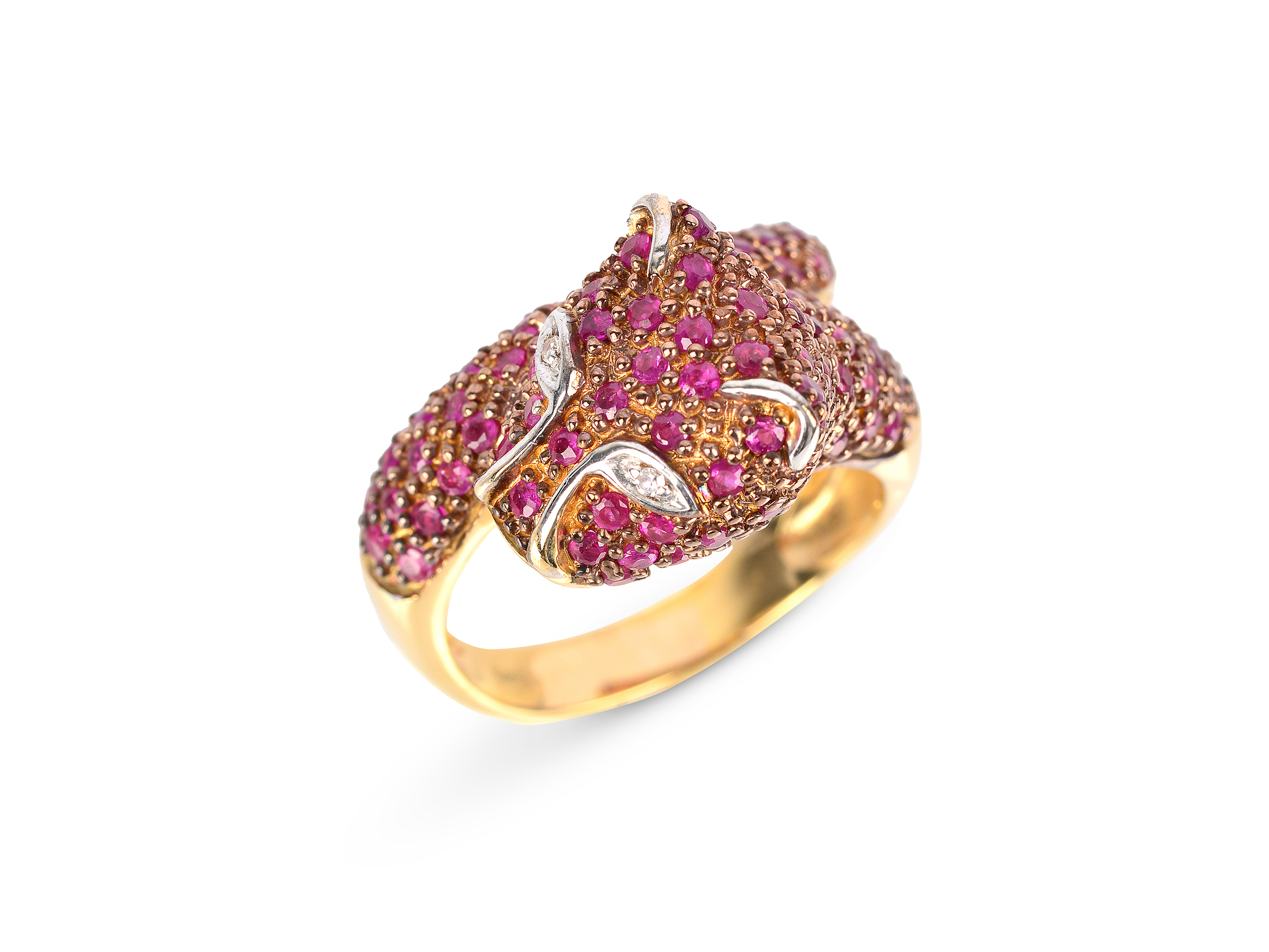 Ring in the shape of a panther, 14kt gold, Red coloured stones (rubies?)