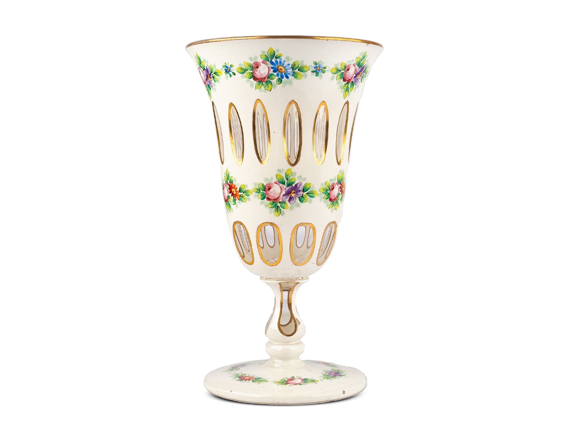 Biedermeier cup with floral motifs, Around 1840, Colourless glass, white overlay, gold-painted
