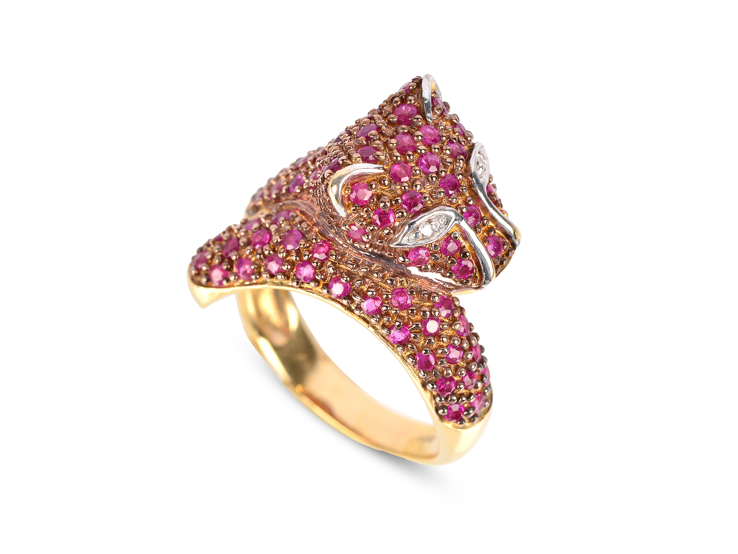 Ring in the shape of a panther, 14kt gold, Red coloured stones (rubies?) - Image 2 of 3