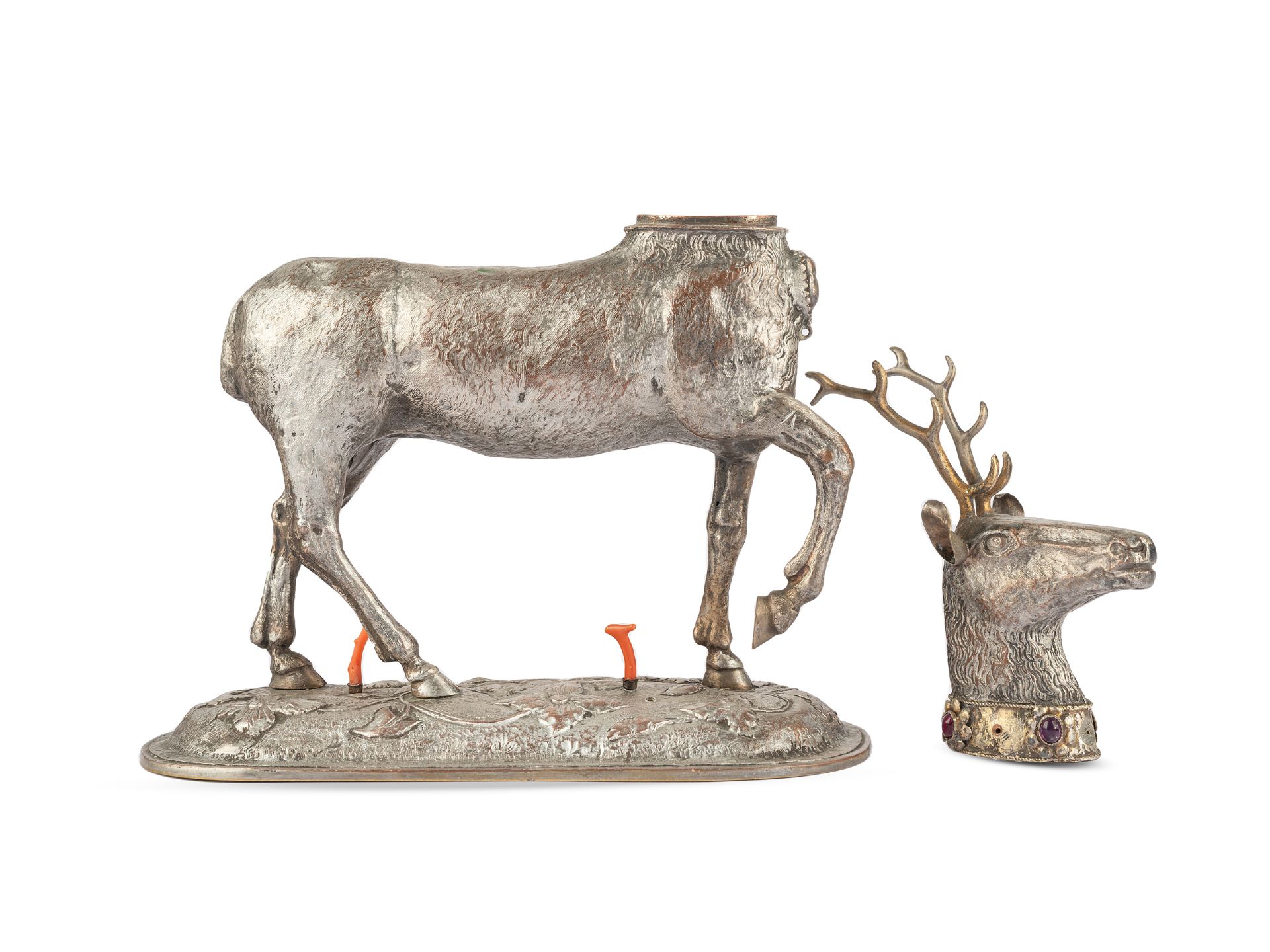 Stag as a drinking game, 18th/19th century, Copper silver-plated - Image 2 of 3