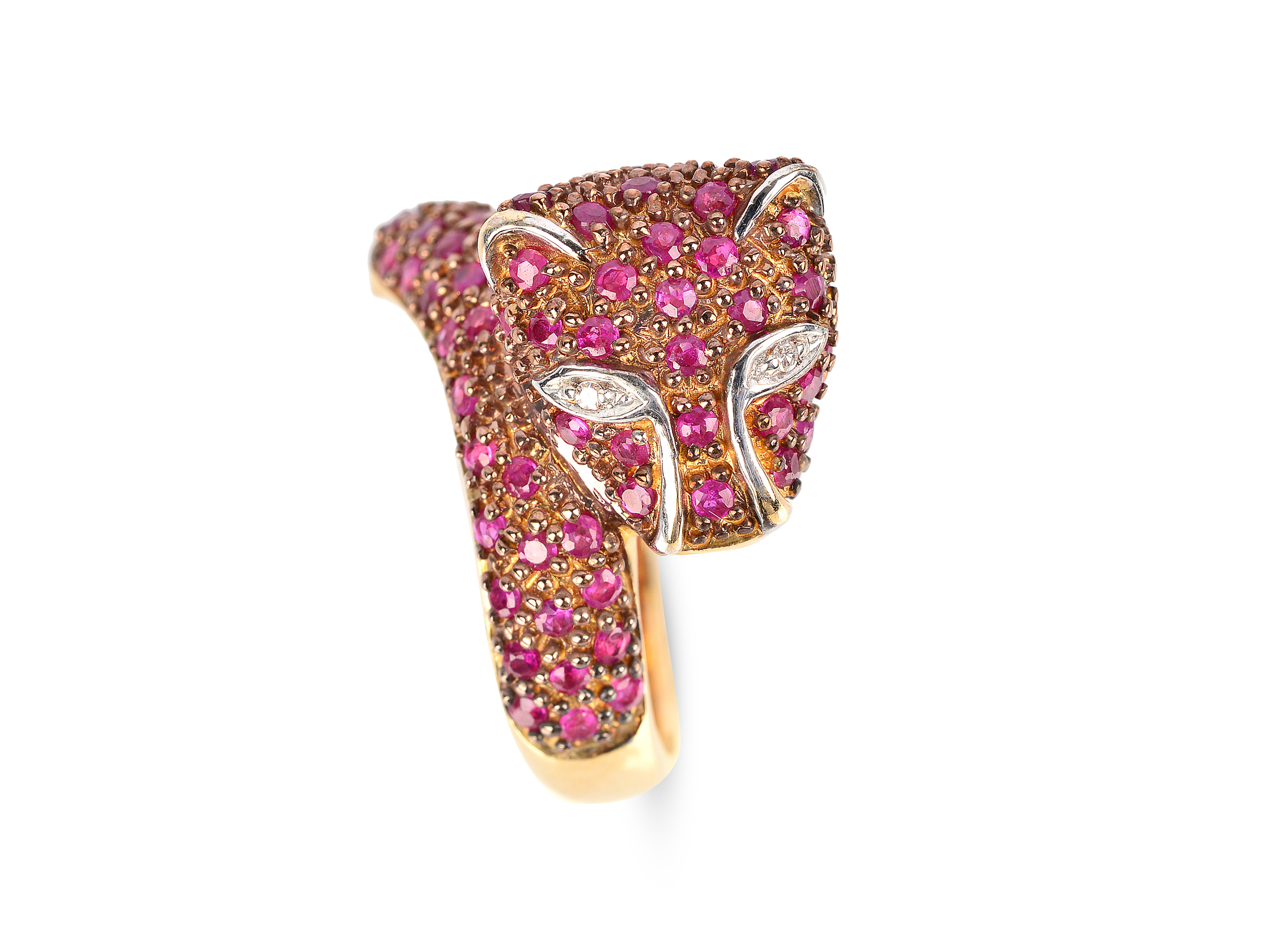 Ring in the shape of a panther, 14kt gold, Red coloured stones (rubies?) - Image 3 of 3