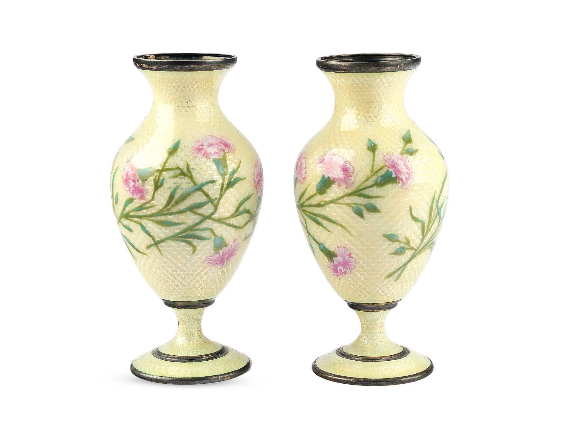 Pair of silver vases with enamel, Around 1900, Silver marked