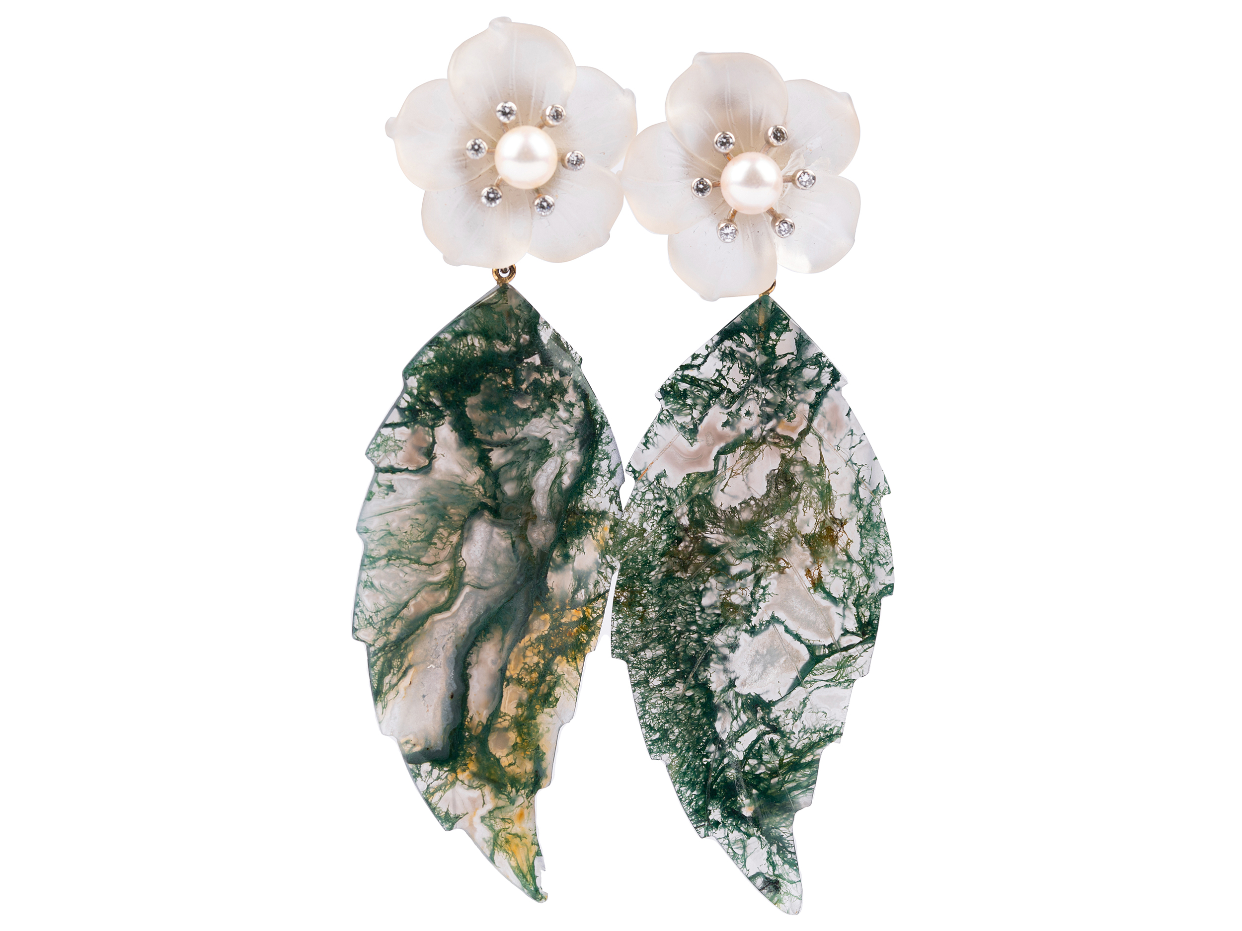 Pair of flower shaped stud earrings with leaf pendant, 18kt white gold hallmarked, Glass or stone? - Image 2 of 2