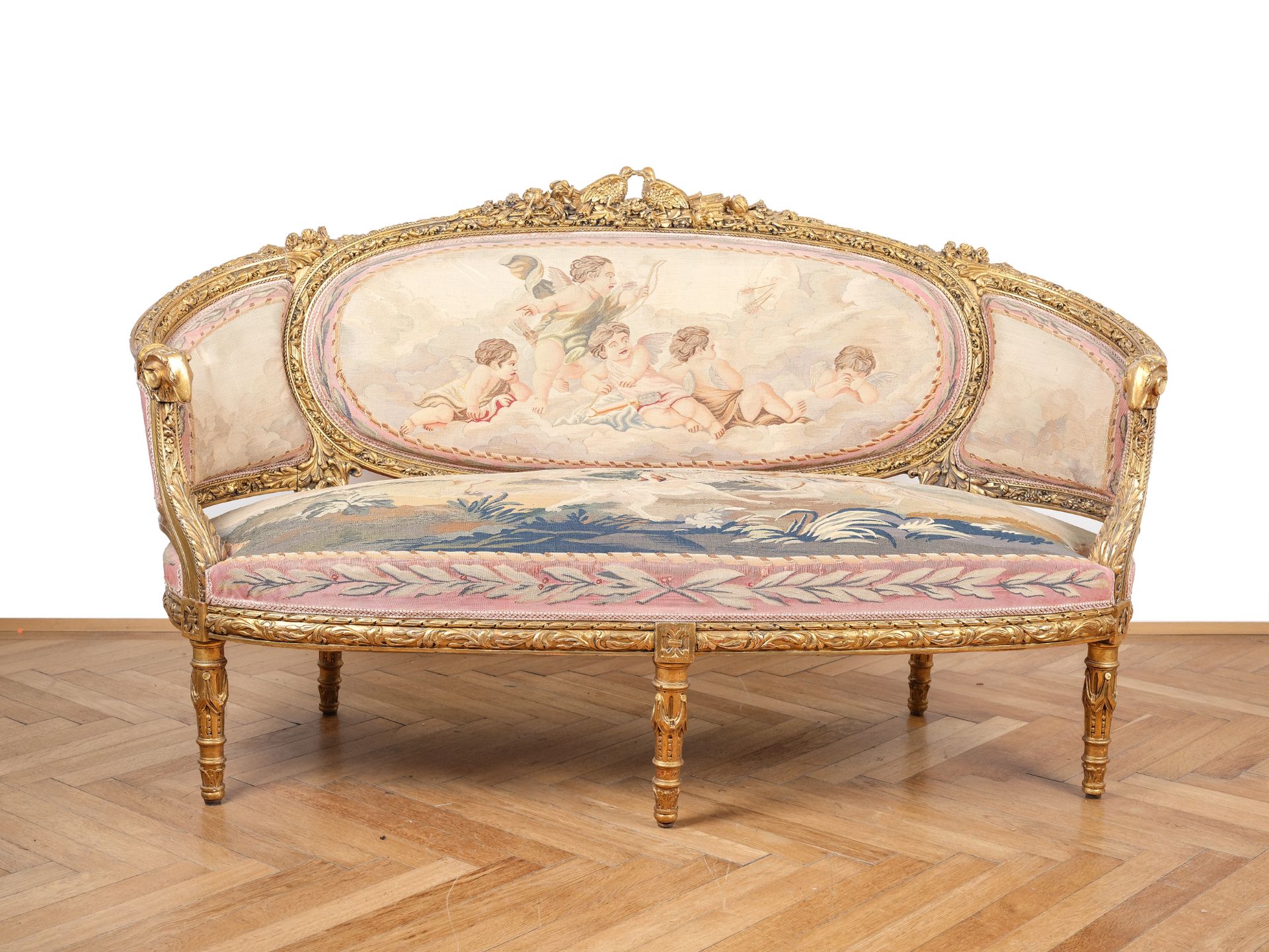 Five-piece seating set: 1 bench & 4 armchairs, Louis XVI style around 1900 - Image 7 of 8