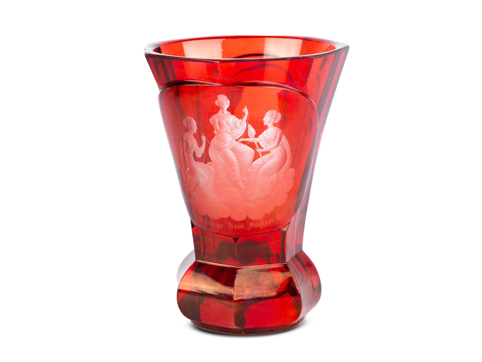 Biedermeier Glass with Goddesses of Fate (Moiren/Parzen), Red glass