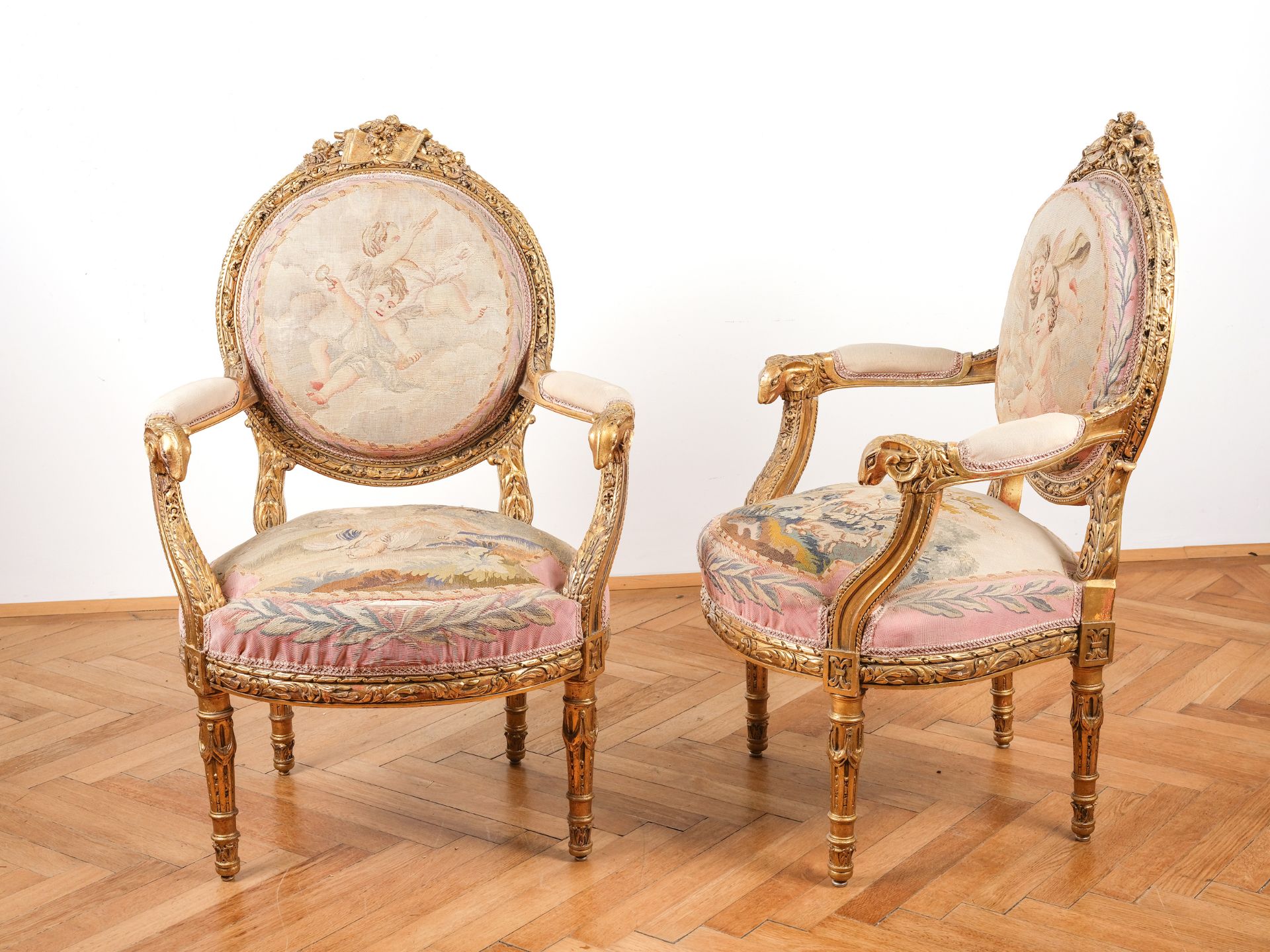 Five-piece seating set: 1 bench & 4 armchairs, Louis XVI style around 1900 - Image 3 of 8
