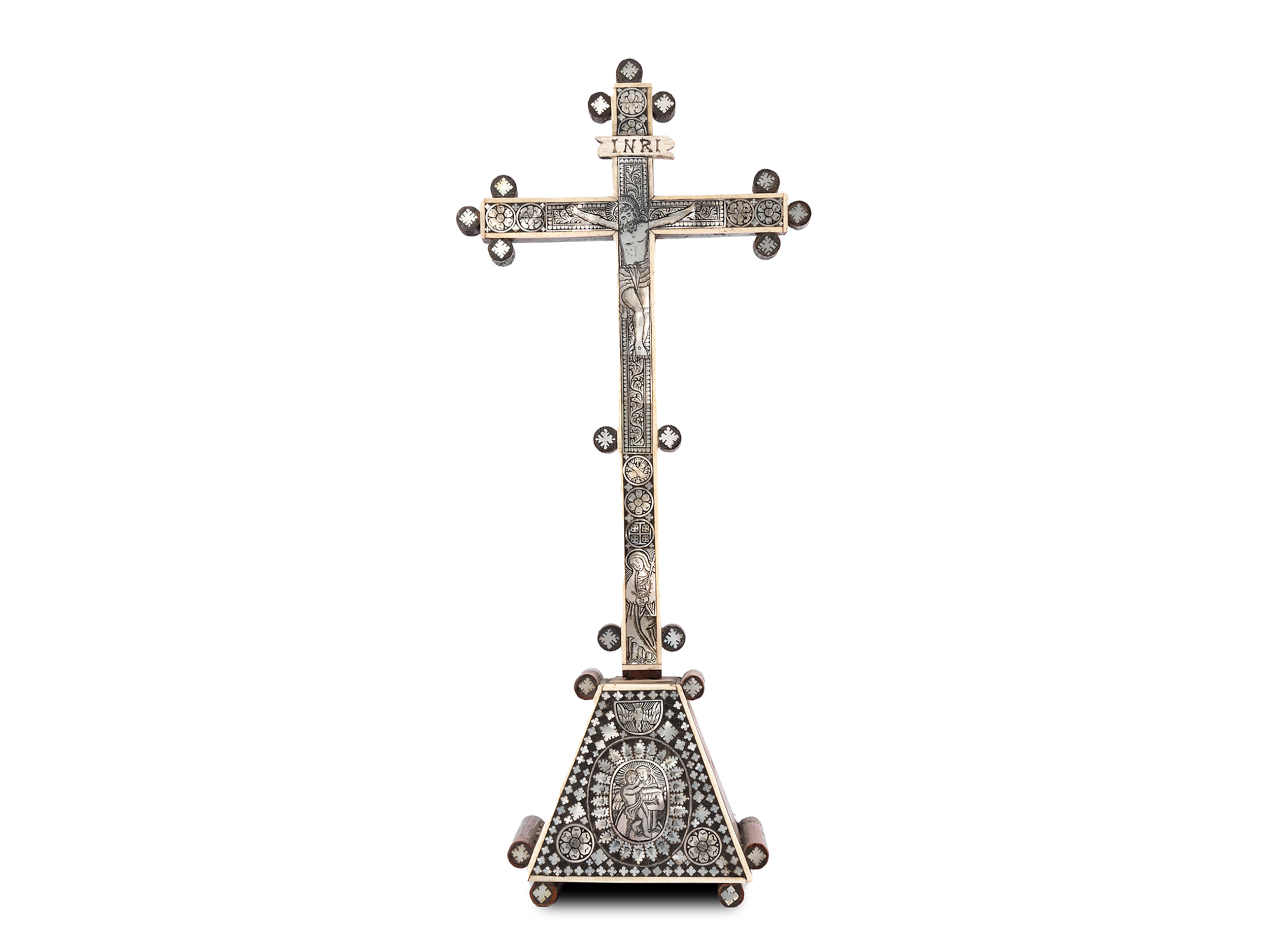 Standing cross, Walnut inlaid with mother-of-pearl & organic material