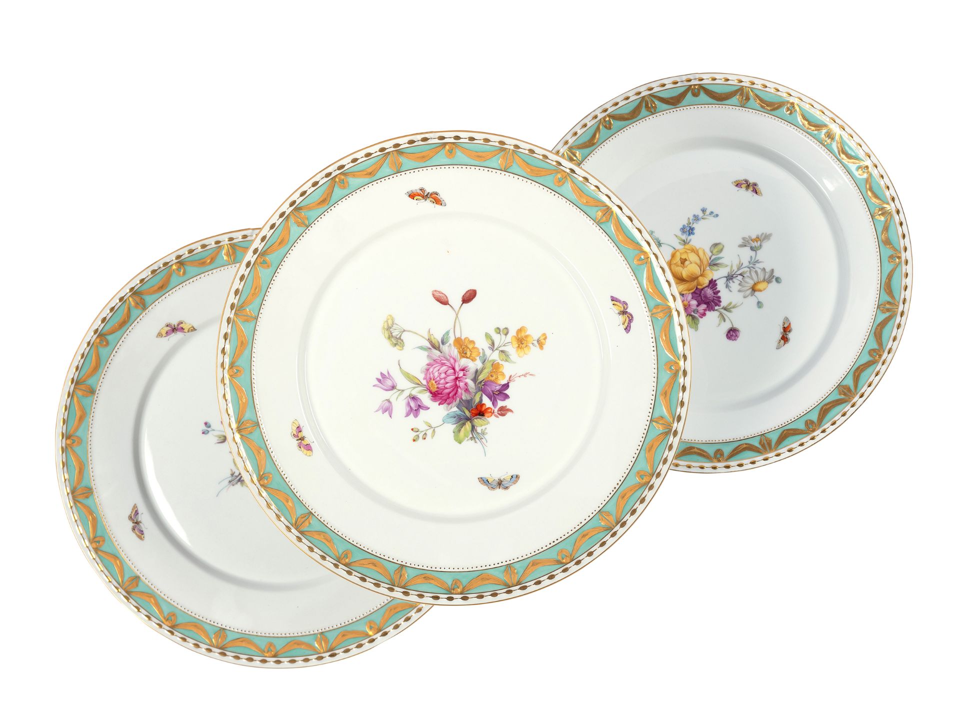 3 plates, KPM Berlin, White porcelain colourfully decorated