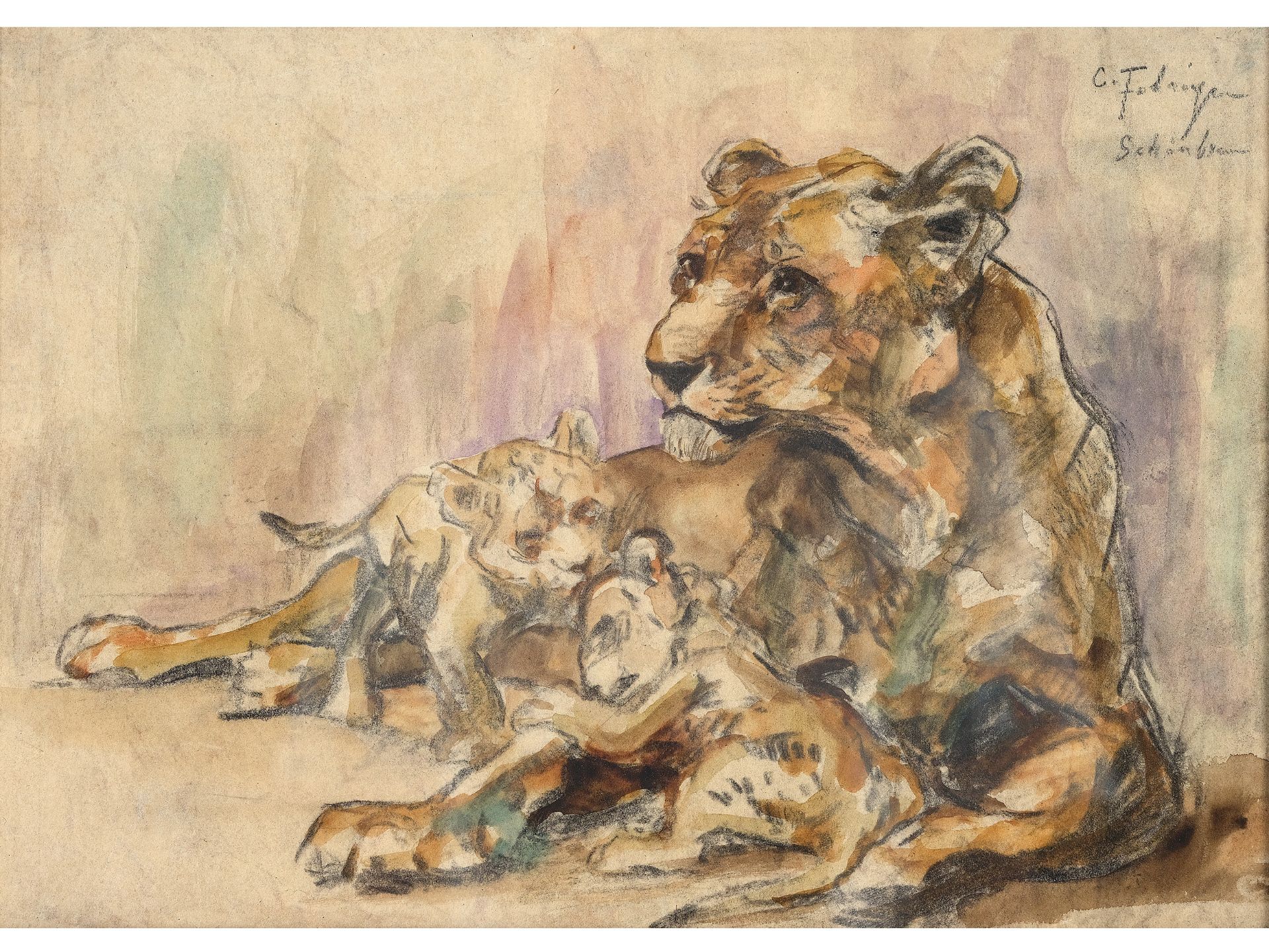 Carl Fahringer, Wiener Neustadt 1874 - 1952 Vienna, Lioness with cubs at Schönbrunn