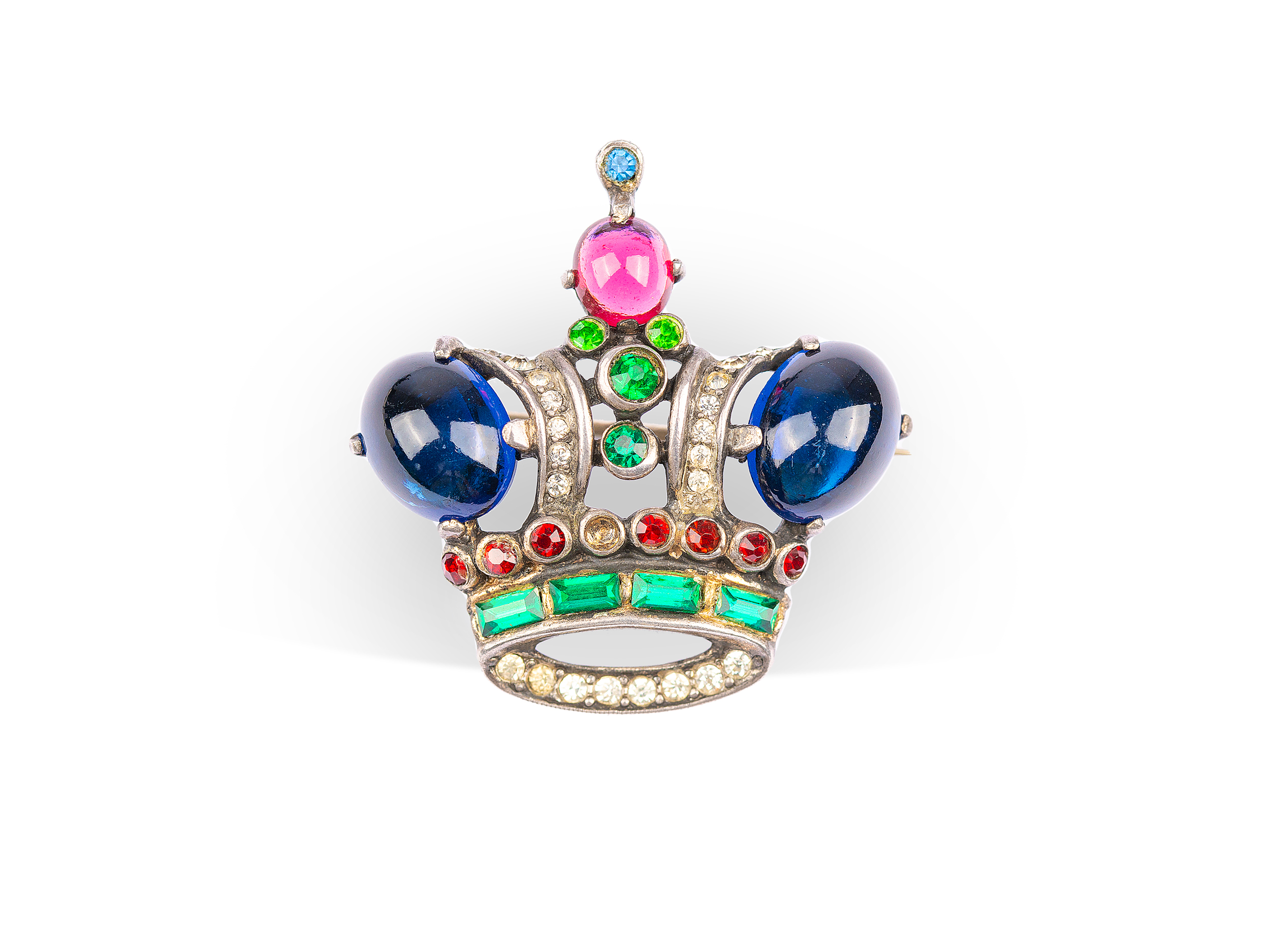 Brooch in the shape of a crown, Trifari Sterling silver marked, Coloured stones