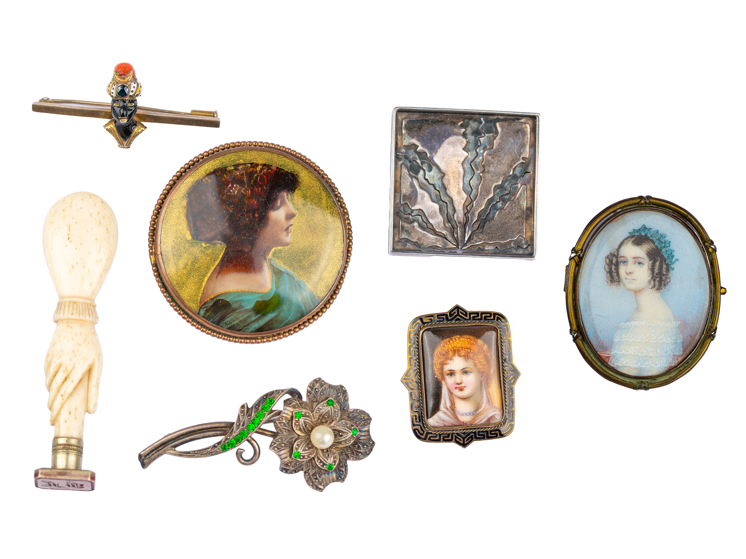 Mixed lot: 8 brooches and 1 petschaft, Silver, miniature