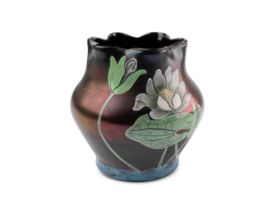Vase, Fritz Heckert, Petersdorf um 1900, Dunkelblaues Glas, bunte Emailmalerei