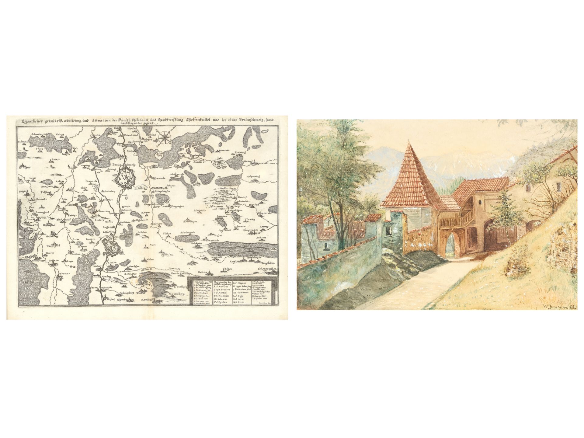 Mixed lot: copper engraving & watercolour