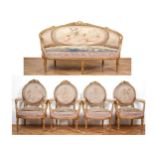 Fünfteilige Sitzgarnitur: 1 Bank & 4 Armlehnstühle, Louis XVI-Stil um 1900