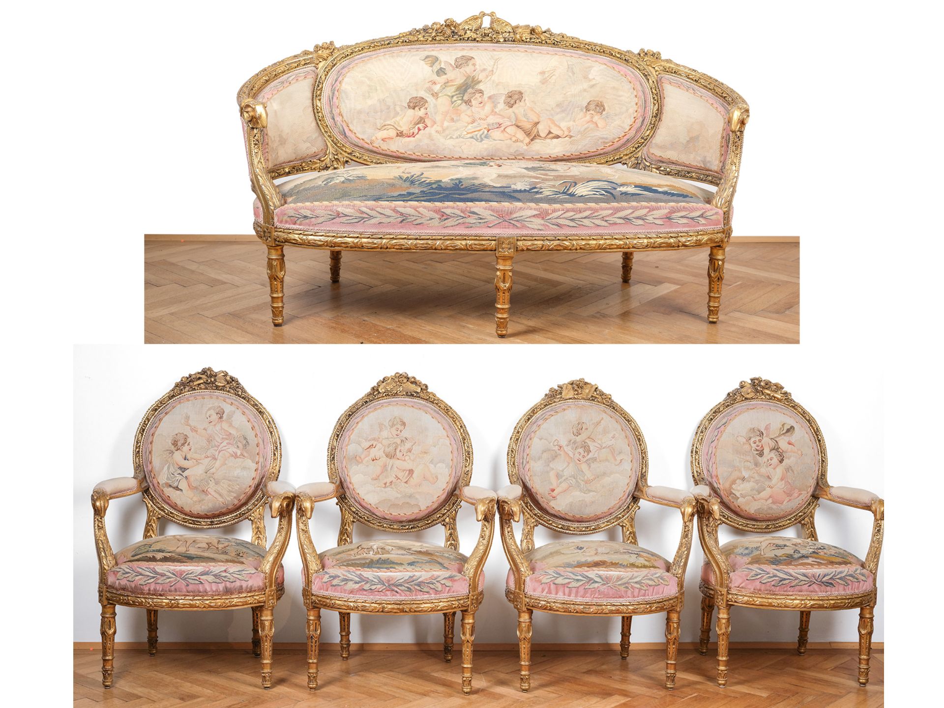 Five-piece seating set: 1 bench & 4 armchairs, Louis XVI style around 1900