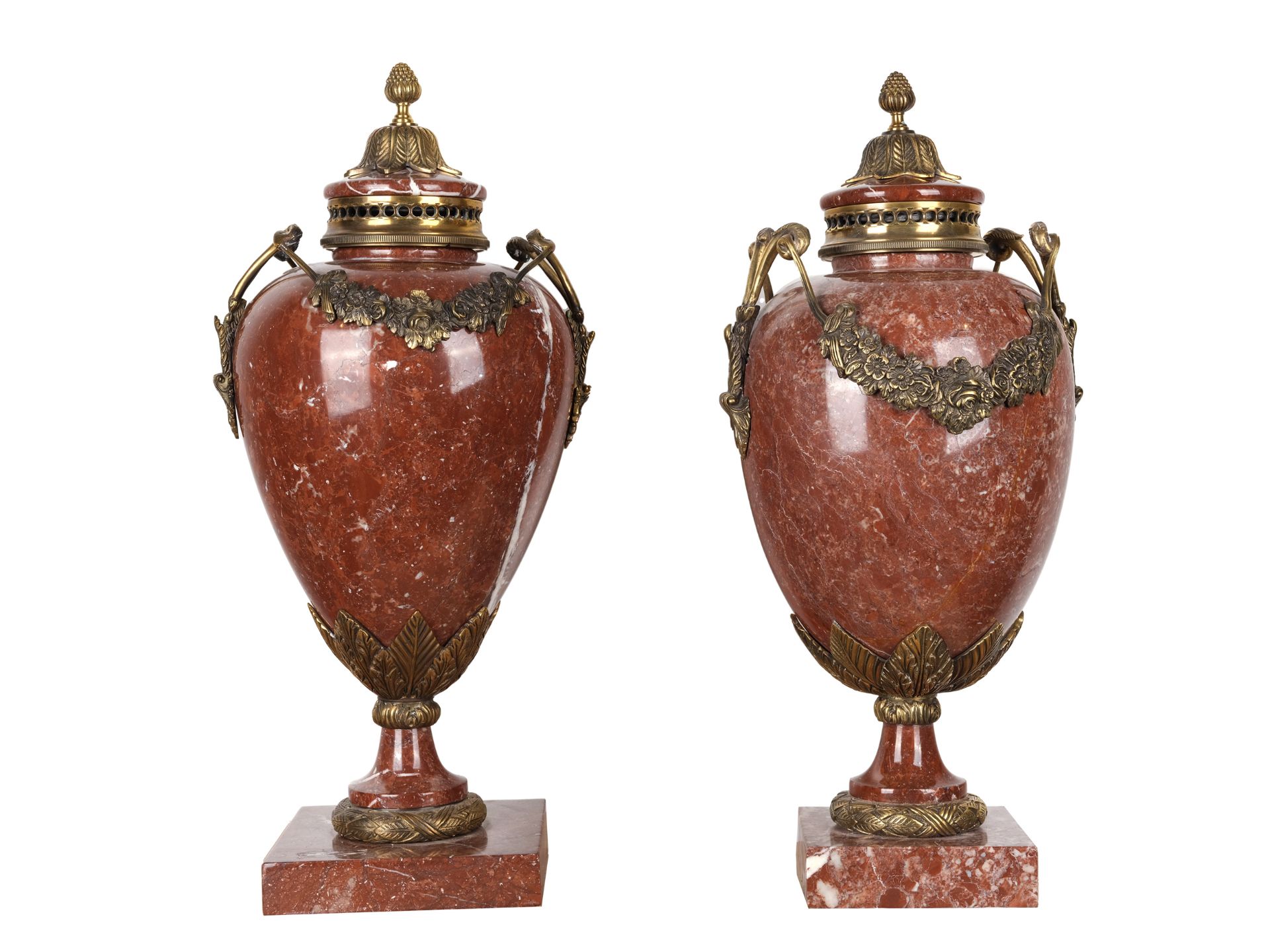 Brûle Perfume Vase Pair, Red marble, Bronze mount