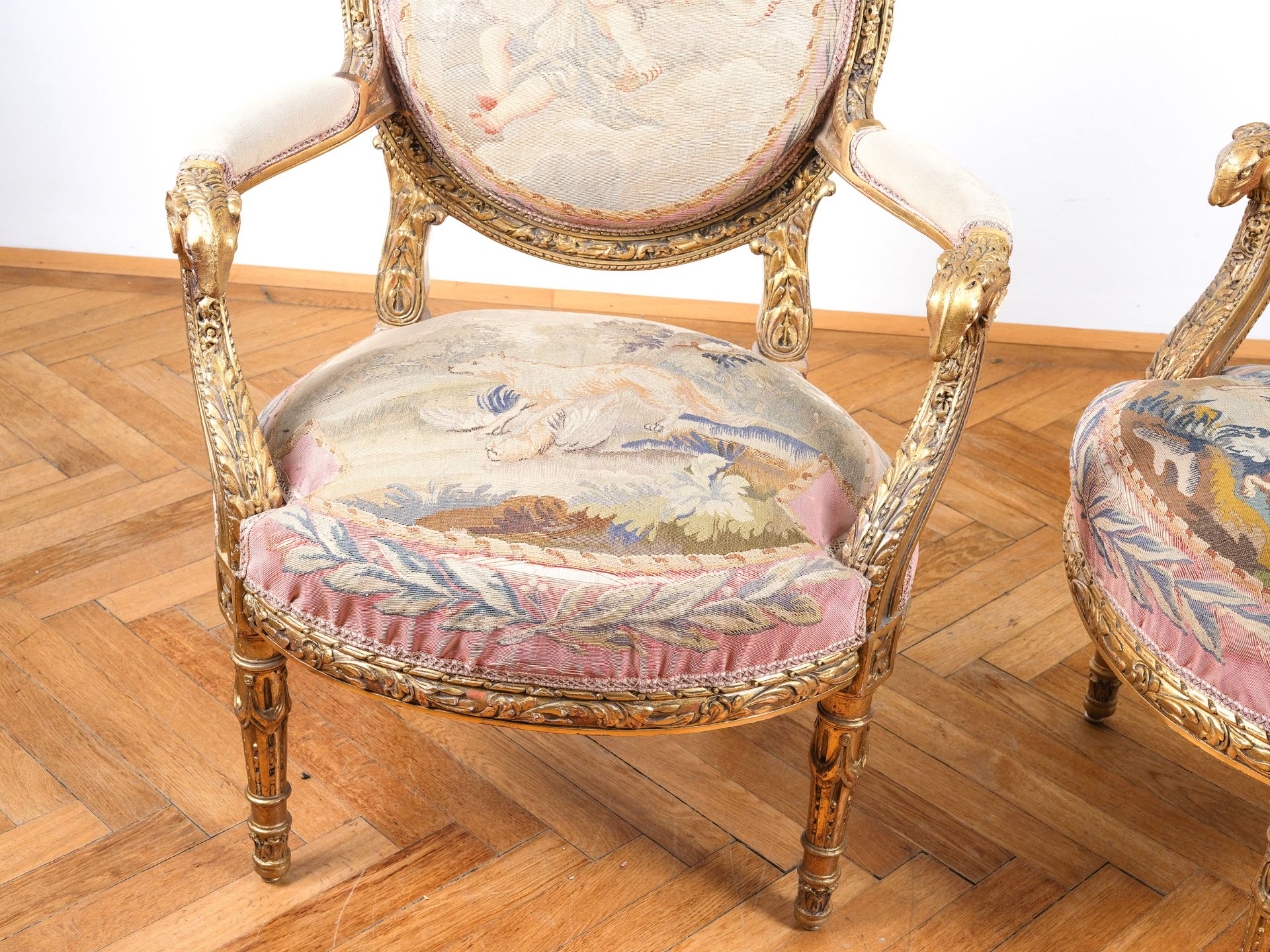 Five-piece seating set: 1 bench & 4 armchairs, Louis XVI style around 1900 - Image 4 of 8