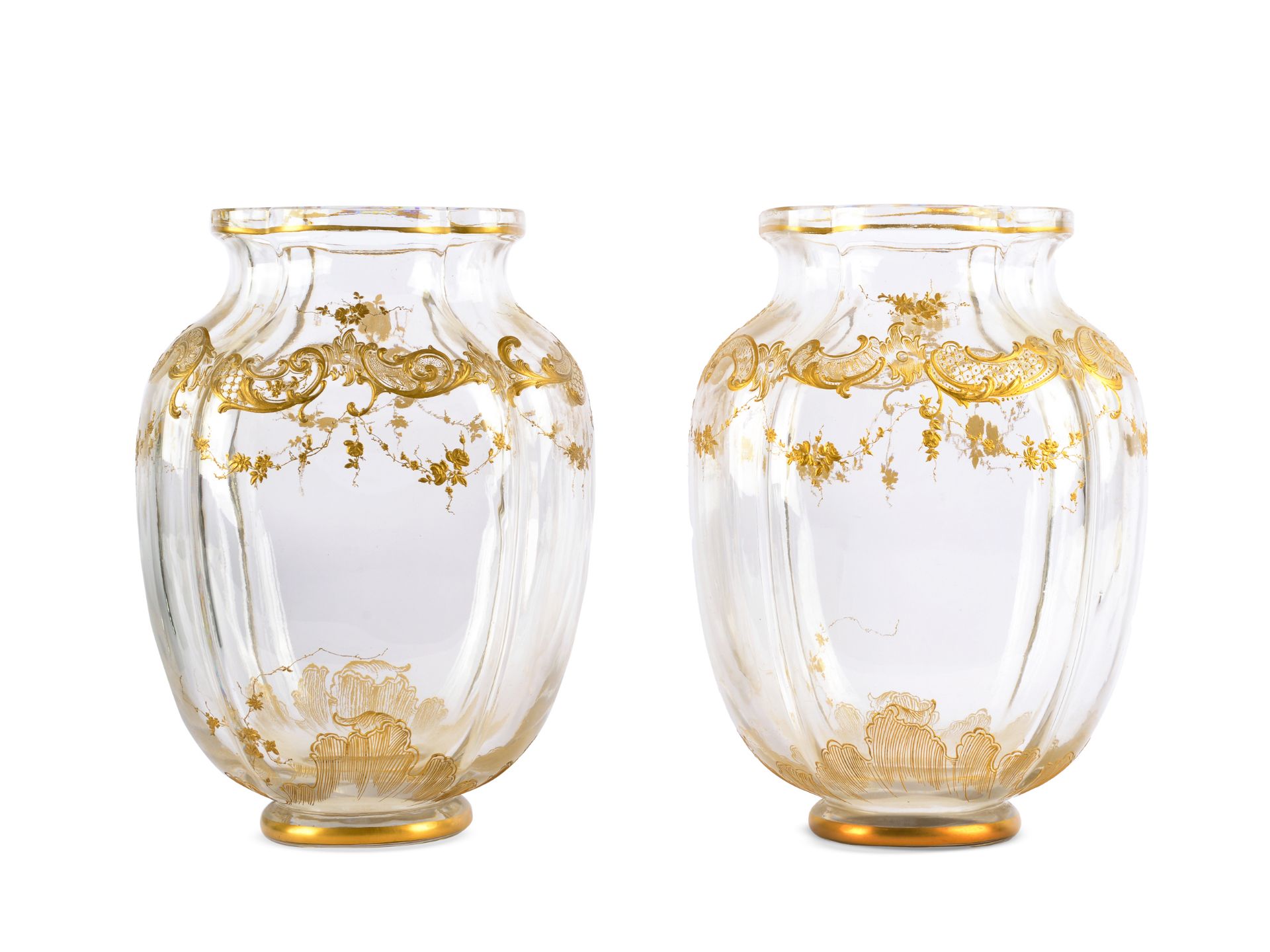 Lobmeyr Vienna, Pair of vases, Colourless glass with gold decoration in relief - Image 2 of 3