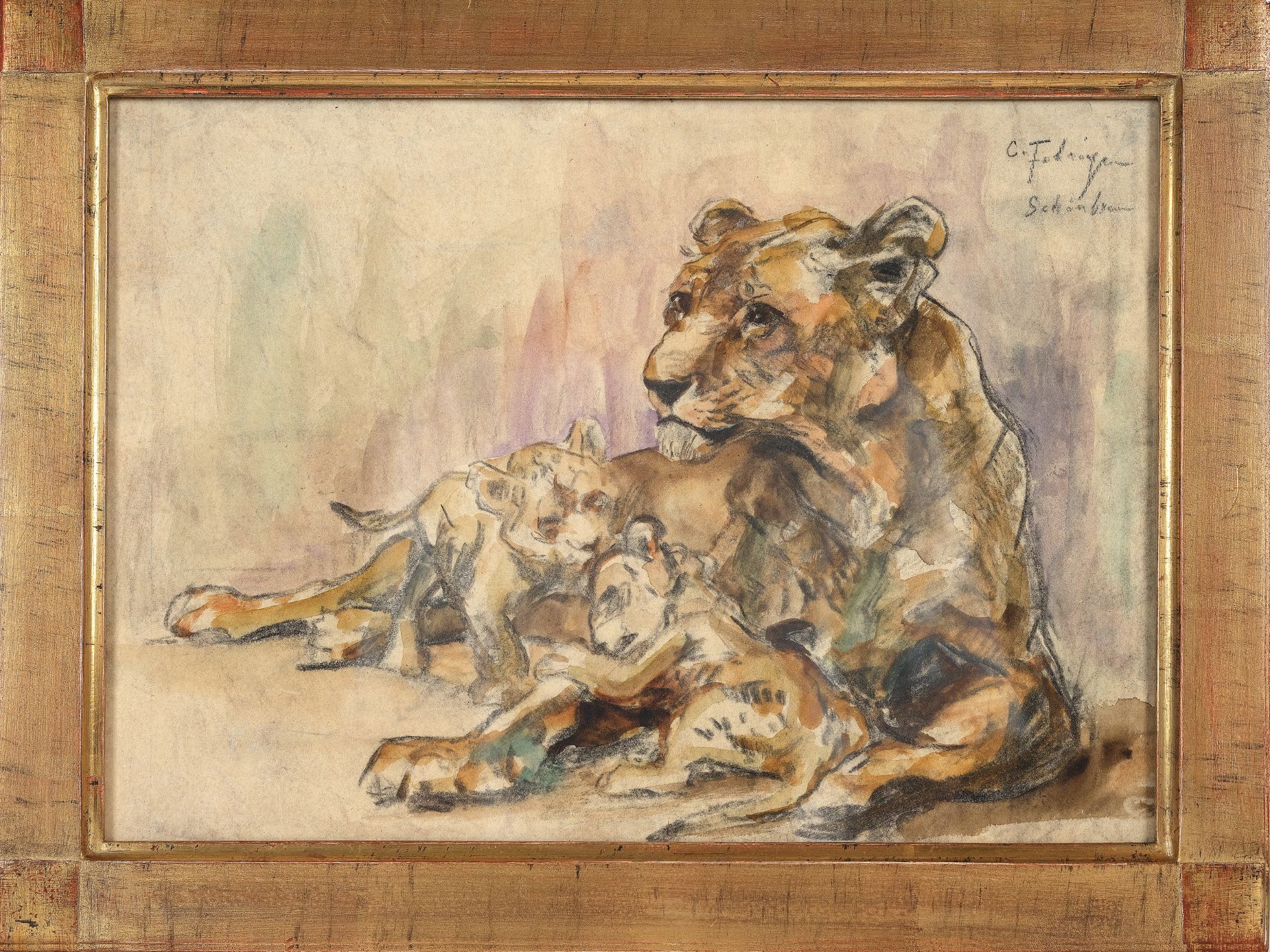 Carl Fahringer, Wiener Neustadt 1874 - 1952 Vienna, Lioness with cubs at Schönbrunn - Image 2 of 4