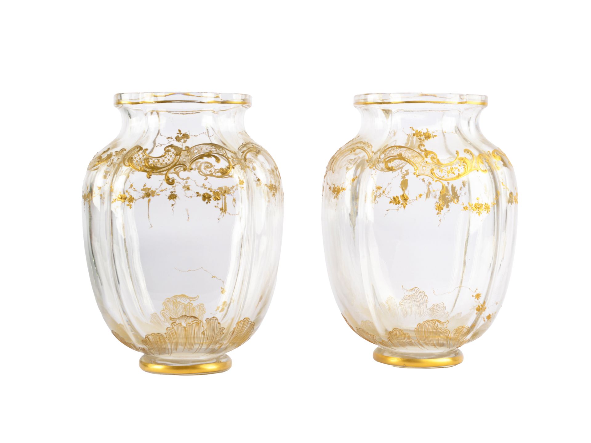 Lobmeyr Vienna, Pair of vases, Colourless glass with gold decoration in relief