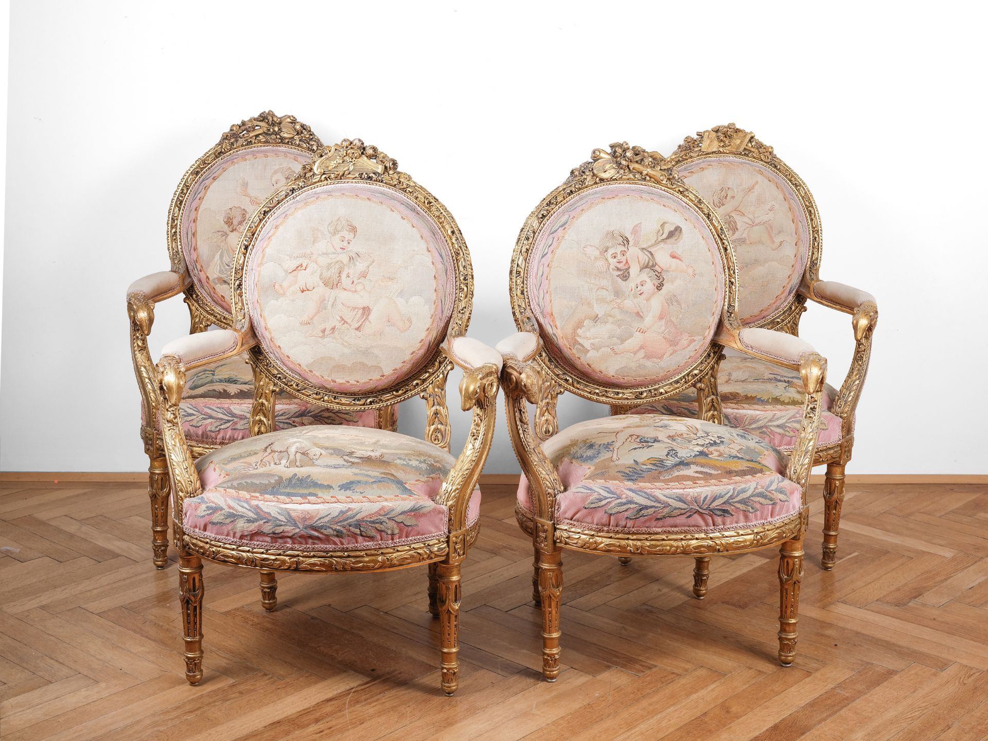 Five-piece seating set: 1 bench & 4 armchairs, Louis XVI style around 1900 - Image 2 of 8