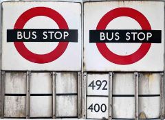 London Transport enamel bus STOP FLAG (Compulsory). A 1950s/60s 'bullseye'-style, E6-size, double-
