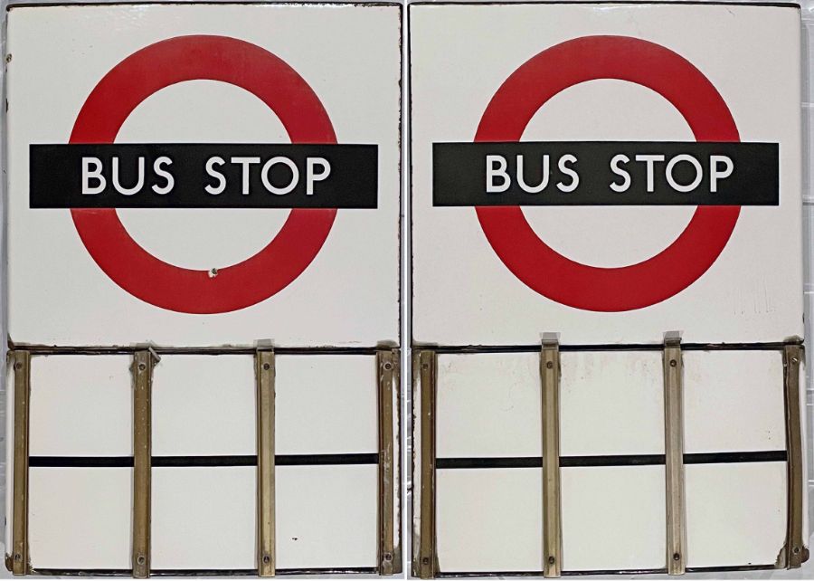 London Transport enamel bus STOP FLAG (Compulsory). A 1950s/60s 'bullseye'-style, E6-size, double-