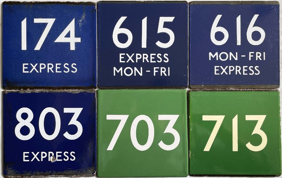 Quantity (6) of London Transport bus or coach stop enamel E-PLATES comprising express routes (blue