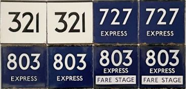 Selection (8) of London Transport bus and coach stop enamel E-PLATES comprising 4 pairs: 321, 727