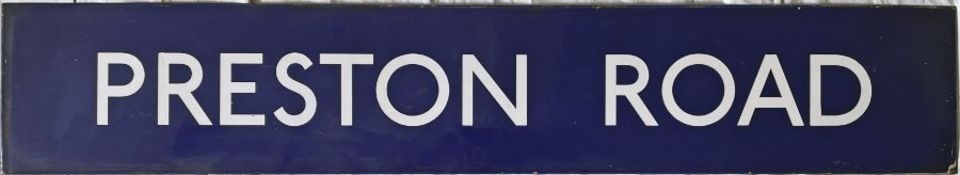 London Underground enamel PLATFORM SIGN from Preston Road on the Metropolitan Line. The centre bar