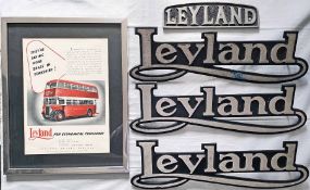 Selection (5) of Leyland bus items comprising a 1950s/60s alloy RADIATOR BADGE, 3 x c1980s script