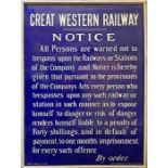 Great Western Railway (GWR) fully-titled, ENAMEL TRESPASS NOTICE, the vertical type. At the foot: '