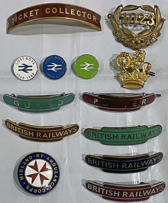 Selection (13) of RAILWAY BADGES comprising Midland Ry Ambulance Corps, MET & LNE '1023', BR 'lion &