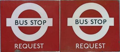 1970s London Transport enamel BUS STOP FLAG (Request). A double-sided, hollow 'boat'-style flag