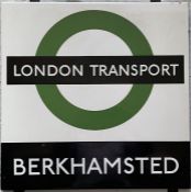 1950s/60s London Transport enamel BUS STOP SIGN 'Berkhamsted' from a 'Keston' wooden bus shelter