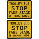 Enamel TROLLEY BUS STOP FLAG - Fare Stage, Q this side, Q other side. A double-sided sign believed