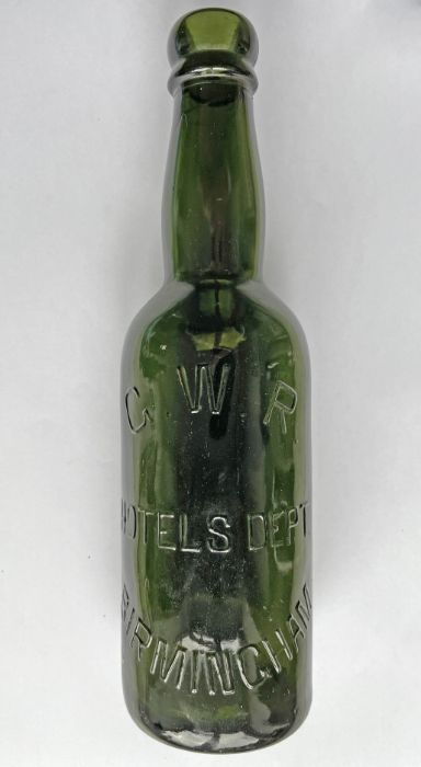 Great Western Railway (GWR) green glass BEER BOTTLE marked with company title and 'Hotels Dept,