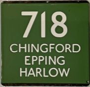London Transport coach stop enamel E-PLATE for Green Line route 718 destinated Chingford, Epping,