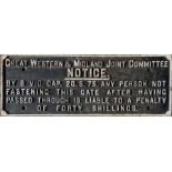 Great Western & Midland Joint Committee cast-iron SIGN (Gate Notice). A most uncommon sign most