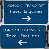 c1960s London Transport enamel DIRECTION SIGN 'Travel Enquiries'. A double-sided, flanged sign