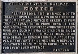 Great Western Railway (fully titled) pre-Grouping cast-iron TRESPASS NOTICE. Measures 30" x 21" (