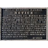 Great Western Railway (fully titled) pre-Grouping cast-iron TRESPASS NOTICE. Measures 30" x 21" (