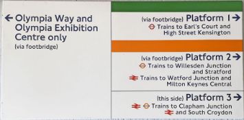 London Underground & Overground enamel DIRECTION SIGN from Kensington (Olympia) station, showing the