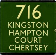 London Transport coach stop enamel E-PLATE for Green Line route 716 destinated Kingston, Hampton