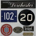 Selection (7) of VEHICLE PLATES comprising Dennis Dorchester (interior sign, plastic), Leyland