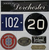 Selection (7) of VEHICLE PLATES comprising Dennis Dorchester (interior sign, plastic), Leyland