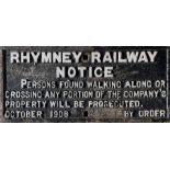 Rhymney Railway cast-iron NOTICE: 'Persons Found Walking Along Or Crossing Any Portion Of The